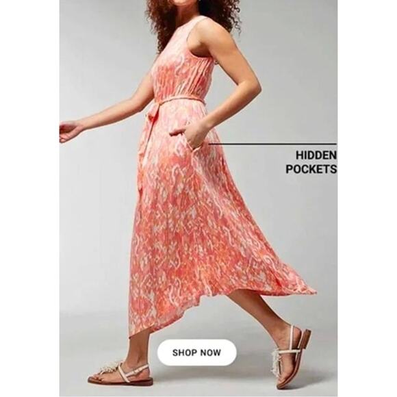 Soma Weekend Women's Ikat Soft Jersey Knit Midi Dress Large Orange Belted - Picture 6 of 13